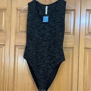 Free People Intimately Black/Gray Space Dye Ribbed Bodysuit Size Medium NWT